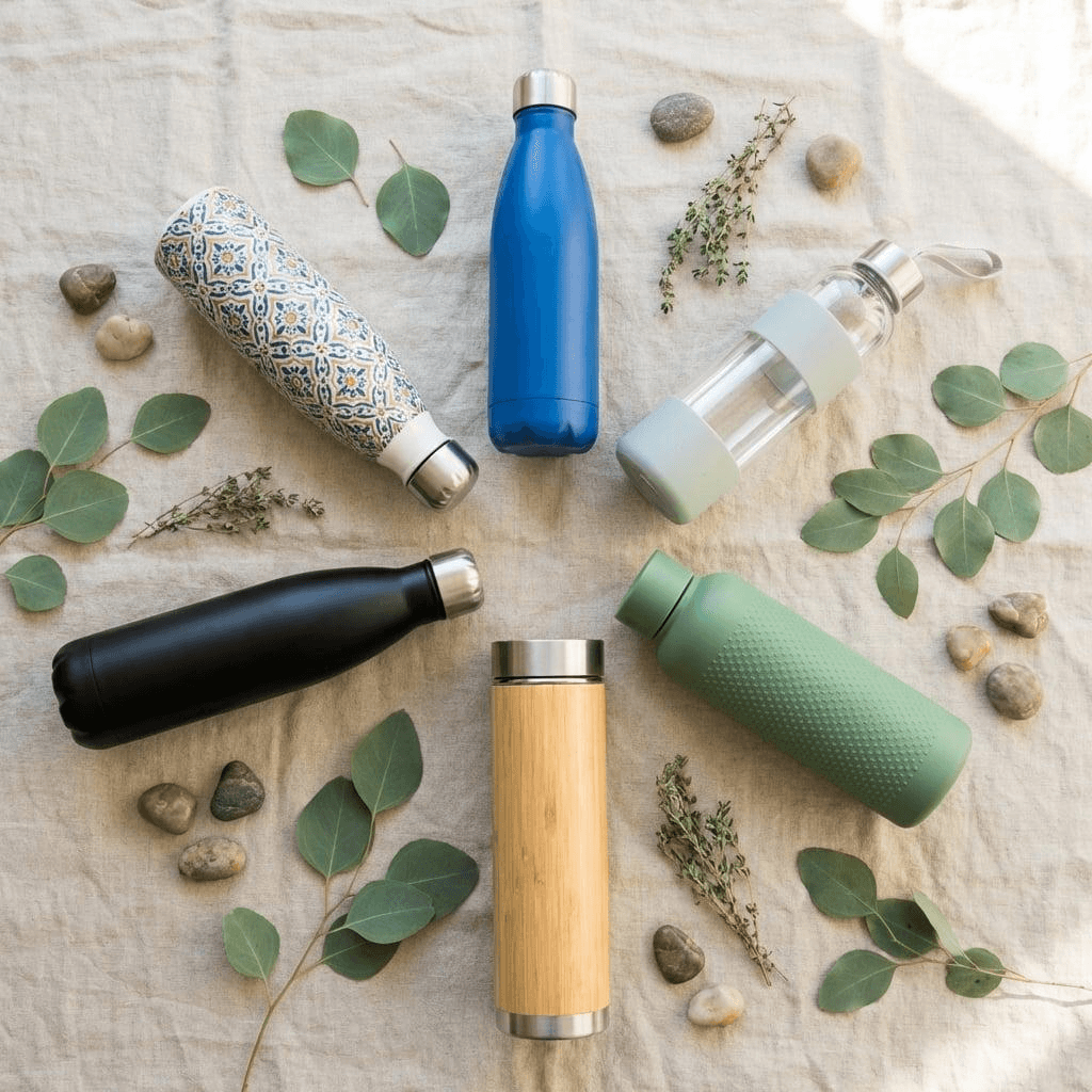 Six reusable bottles in steel, glass, bamboo and silicone finishes fanned out on linen with leaves and pebbles