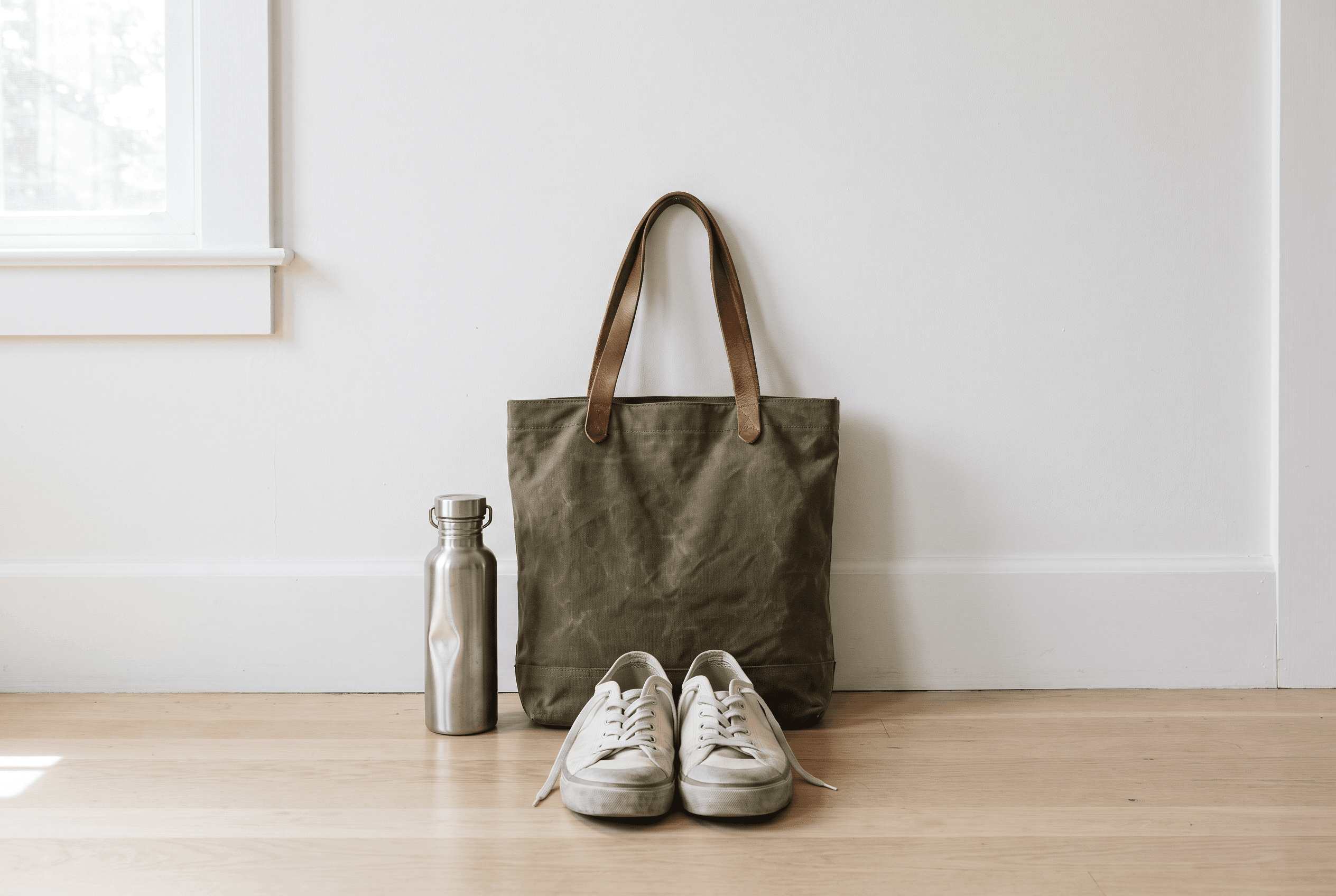 Olive waxed-canvas tote with leather handles against a white wall, worn white canvas sneakers and a dented steel bottle