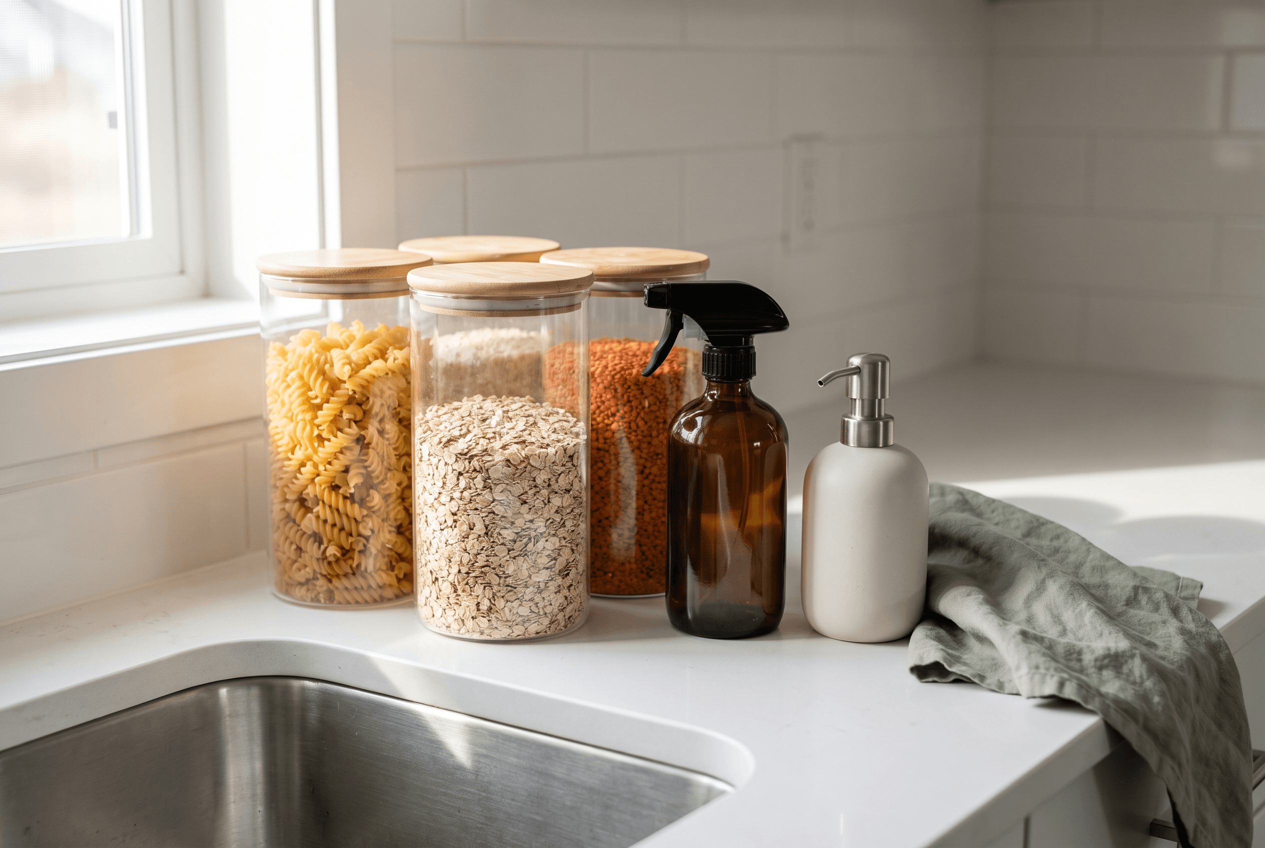 Glass jars of pasta, oats and lentils beside an amber spray bottle and ceramic soap dispenser by a sink