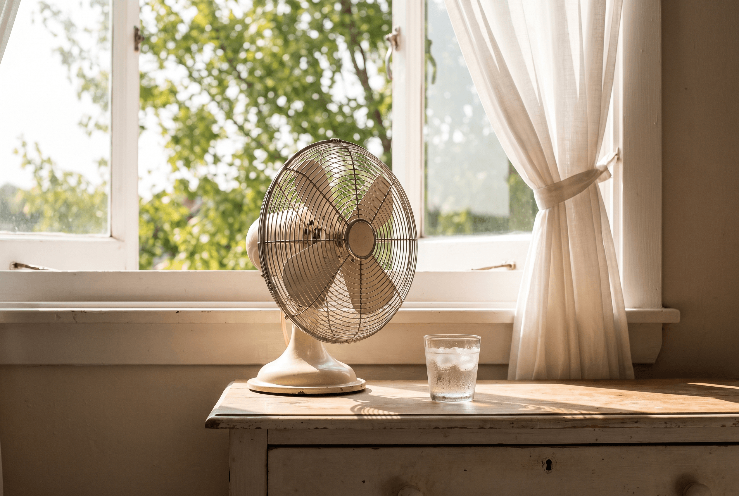A cream metal desk fan and a glass of iced water on a dresser beneath an open, sunlit window.