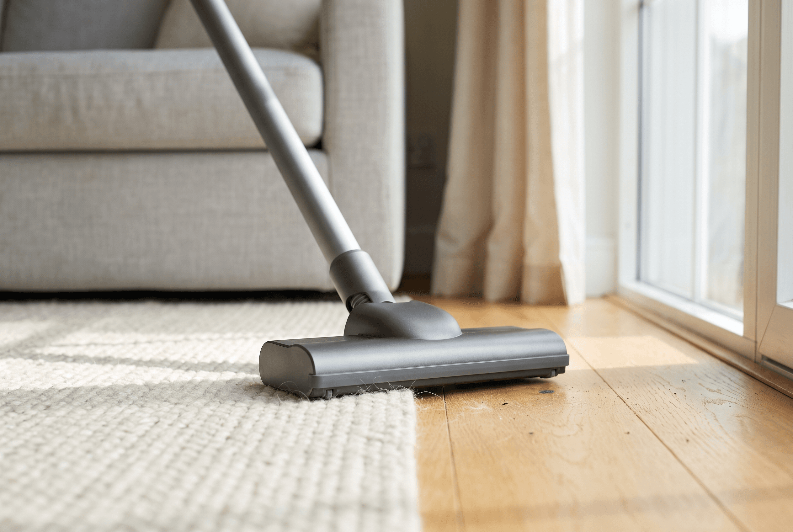 Grey stick vacuum floor head resting where a cream wool rug meets a hardwood floor beside a sofa