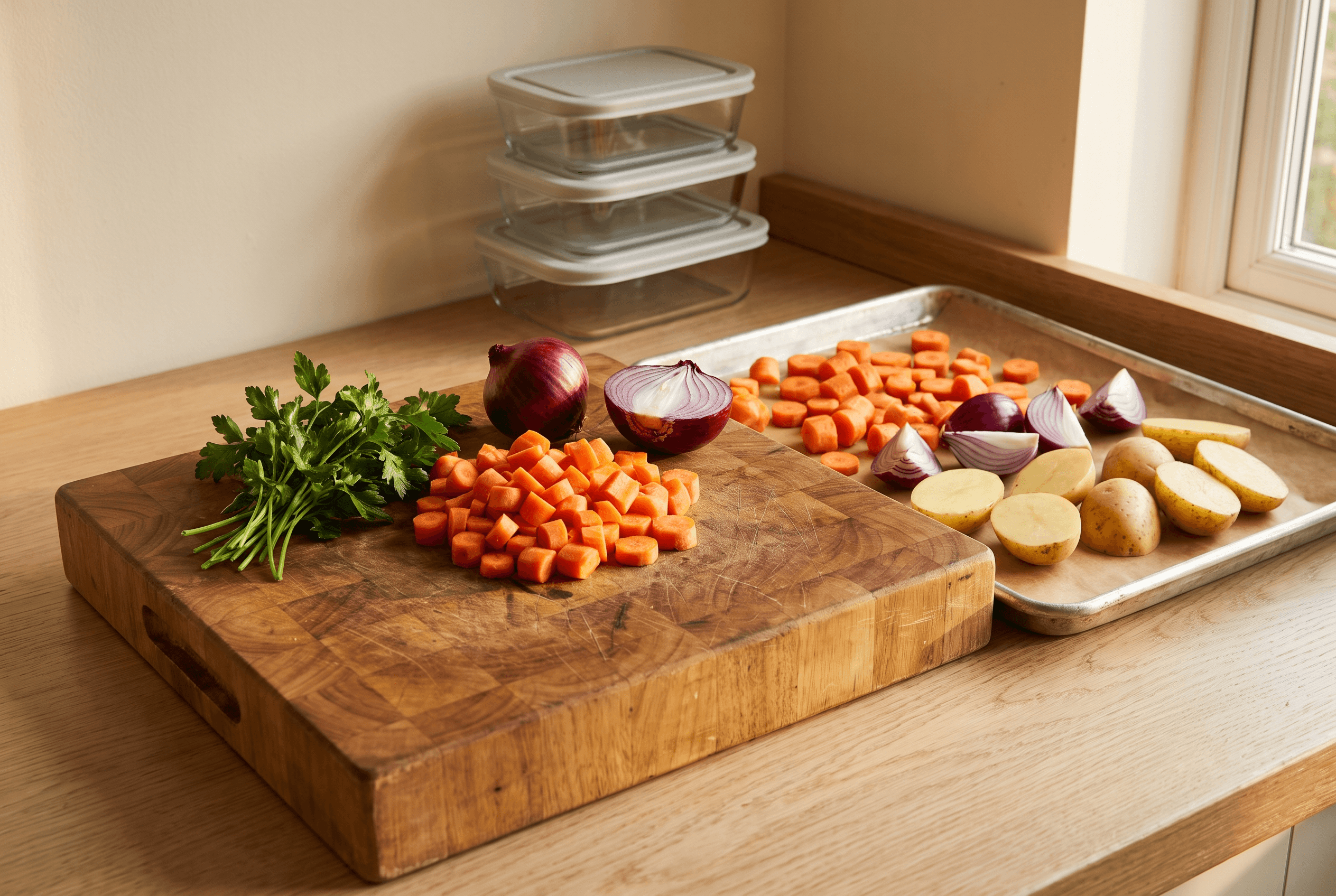Chopped carrots, red onion and parsley on a wooden cutting board beside a sheet pan of vegetables and glass containers