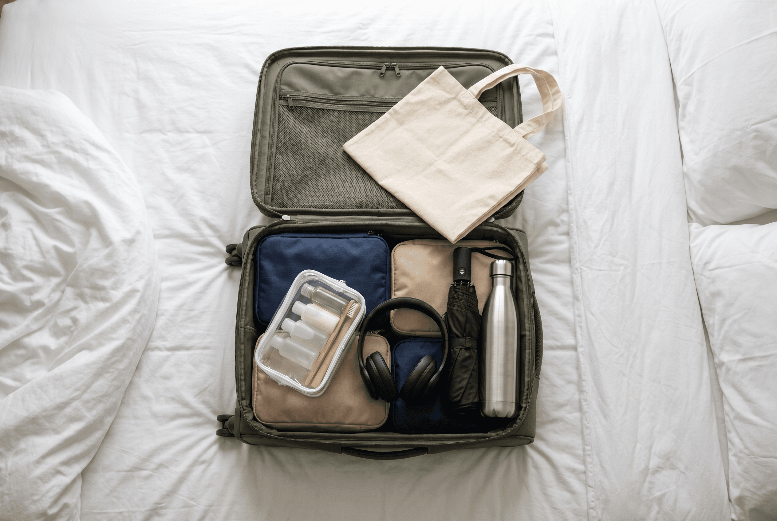 Open olive suitcase on a white bed packed with packing cubes, toiletry bag, headphones, umbrella, steel bottle and canvas tote
