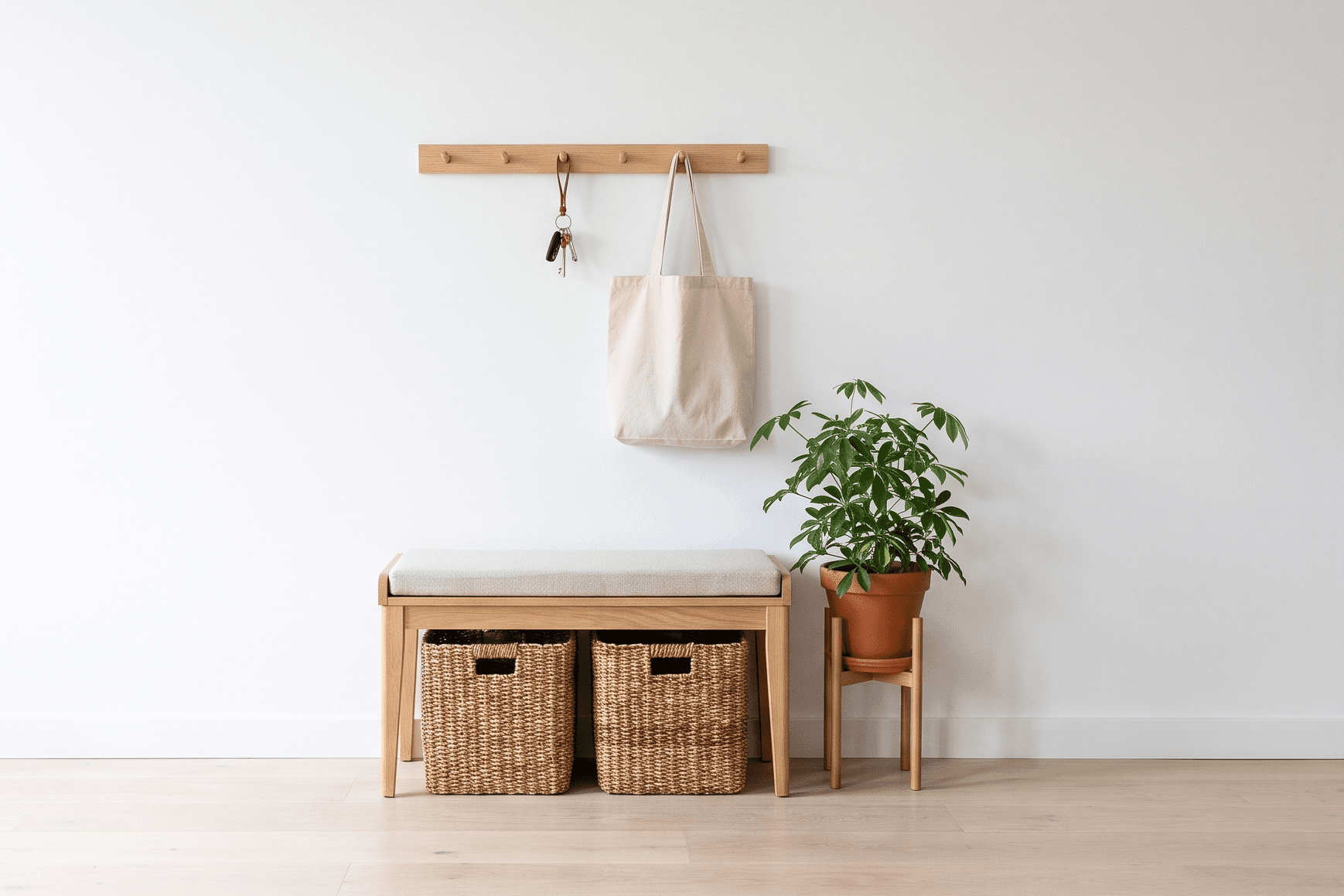 Oak storage bench with two woven baskets under a peg rail holding keys and a tote, beside a potted plant